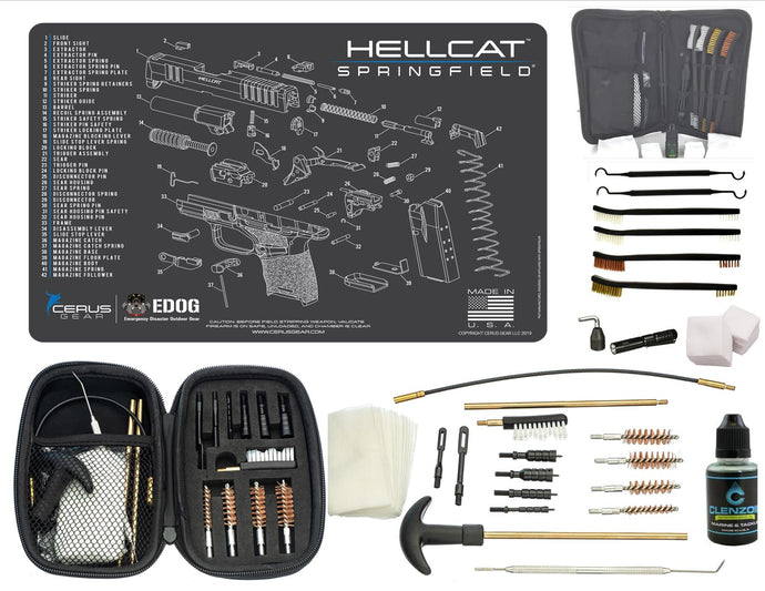 HELLCAT TAN CERUS Gear Schematic (Exploded View) Pistol ProMat, Range Warrior .22 .38 .357 9MM .45-20 PC & 12 PC Tac Book Range, Field & Bench Handgun Cleaning Essentials Kit