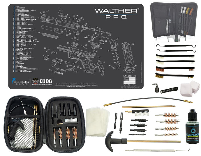 Walther PPQ CERUS Gear Schematic (Exploded View) Pistol ProMat, Range Warrior .22 .38 .357 9MM .45-20 PC & 12 PC Tac Book Range, Field & Bench Handgun Cleaning Essentials Kit