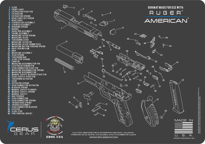 RUGER American Gun Cleaning Mat - Schematic (Exploded View) Diagram Compatible For Ruger American Series Pistol 3 mm Padded Pad Protect Your Firearm Magazines Bench Surfaces Gun Oil Solvent Resistant