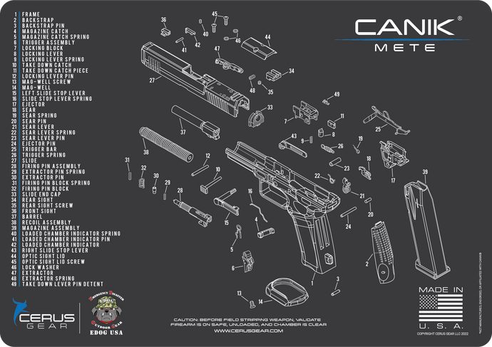 Mete Gun Cleaning Mat - Schematic (Exploded View) Diagram Compatible with Canik Mete Pistol 3 mm Padded Pad Protect Your Firearm Magazines Bench Table Top Oil Solvent Resistant