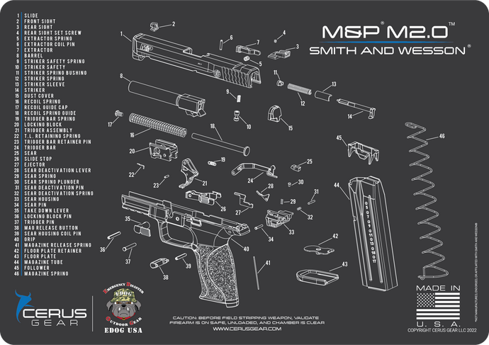 M&P 2.0 Gun Cleaning Mat - Schematic (Exploded View) Diagram Compatible Withn M&P 2.0 Series Pistol 3 mm Padded Pad Protect Your Firearm Magazines Bench Surfaces Gun Oil Solvent Resistant
