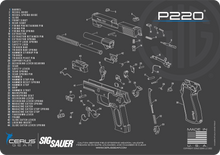Load image into Gallery viewer, P220 Gun Cleaning Mat - Schematic (Exploded View) Diagram Compatible with P220 Series Pistol 3 mm Padded Pad Protect Your Firearm Magazines Bench Surfaces Gun Oil Solvent Resistant