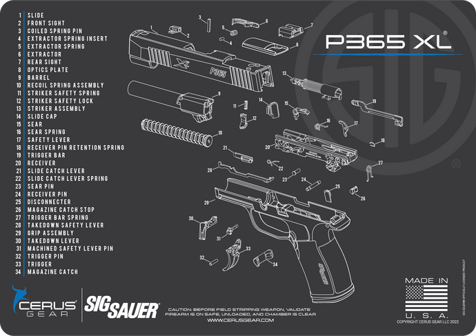 P365 XL Gun Cleaning Mat - Schematic (Exploded View) Diagram Compatible with P365 XL 3 mm Pad Protect Firearm Magazines Bench Surfaces Gun Oil Resistant