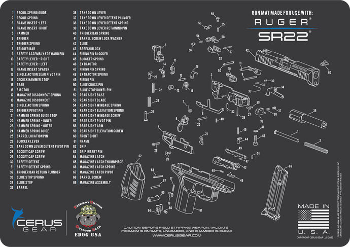 RUGER SR22 Cerus Gear Schematic (Exploded View) Heavy Duty Pistol Cleaning 12x17 Padded Gun-Work Surface Protector Mat Solvent & Oil Resistant