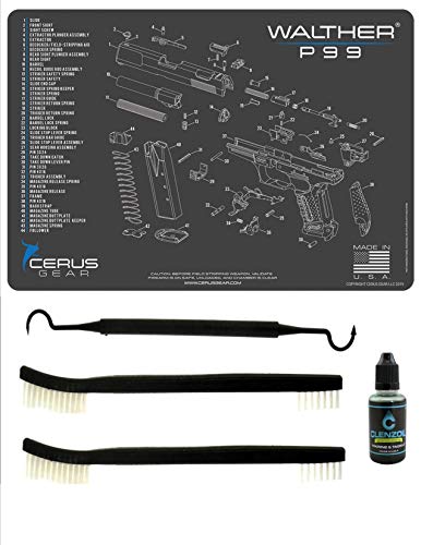 EDOG Walther P99 5 PC Cerus Gear Schematic (Exploded View) Heavy Duty Pistol Cleaning 12x17 Padded Gun-Work Surface Protector Mat Solvent & Oil Resistant & 3 PC Cleaning Essentials & Clenzoil