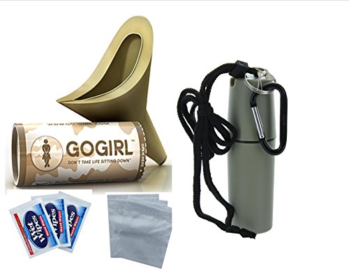 Go Girl Military Female Urination Device, Khaki With Khaki Waterproof Holder & with Xtra towlettes, Baggies & Carabiner