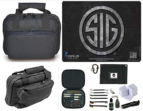 EDOG SIG Logo Promat & 11.5″ Double Gun Soft Padded Compact Range Hand Carry Gun Case & 28 PC Cleaning Essentials & Pro Mat Kit