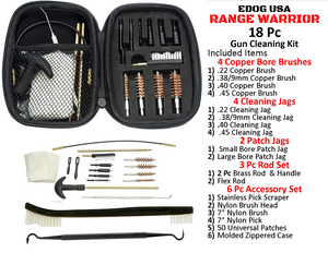 Range Warrior 18 PC Handgun Cleaning Kit For Calibers 22 357 38 9mm 40 & 45 Rods. Brushes, Jags, Scraper, Picks, Patches & Compact Zippered Case
