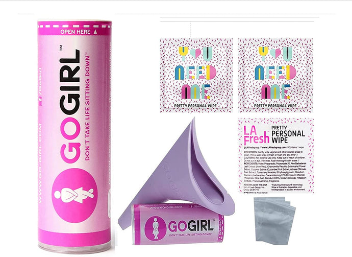 GoGirl Female Urination Device, Lavender & 6 Pc Feminine Personal Care Essentials Pack 3 LA Fresh Feminine Natural Wipes & 3 Extra Zip Baggies