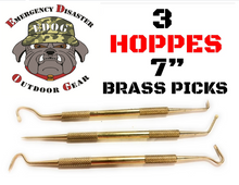 Load image into Gallery viewer, Tac Pak 9 Pc Brass Pick &amp; Brush Set Hoppes Picks (Dental Style) Hook, Slant &amp; Straight, &amp; 7 In. Double Ended Brushes No.9 Precision Gun Oiler, Bore Light Maintenance Tools For Your Gun Cleaning Kit