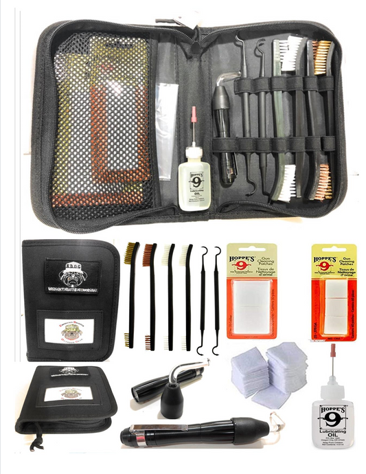 Tac Book Handgun Cleaning Kit Essentials & Accessories For All Calibers 22 38 357 9mm 40 45 Cal Hoppes No.9 Patch Hoppes Gun Oil Precision Needle Oiler Pistol Cleaner Brush & Pick Set & Bore Light