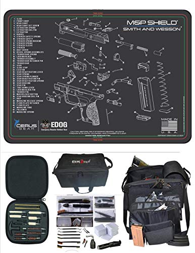 EDOG S&W M&P Shield Cerus Exploded View Schematic Gun Cleaning Mat & R5 Handgun Pistol Range & Duty Bag & 28 Pc Handgun Cleaning Kit w Clenzoil CLP