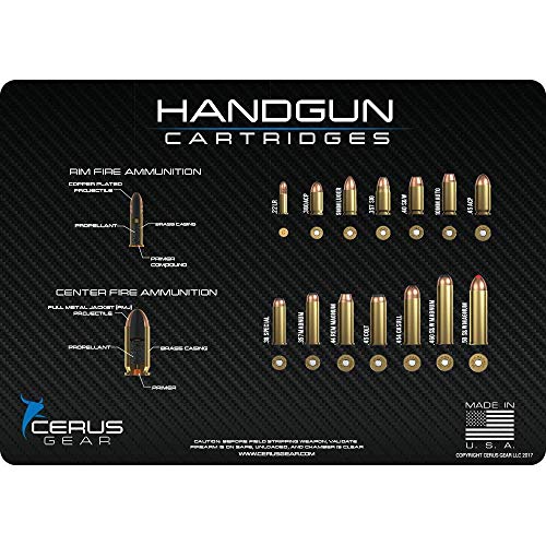 Cerus Gear Educational Top Handgun Cartridges at Scale Heavy Duty Pistol Cleaning 12x17 Padded Gun-Work Surface Protector Mat Solvent Oil Resistant & Bonus 4 PC Cleaning Essentials with Clenzoil