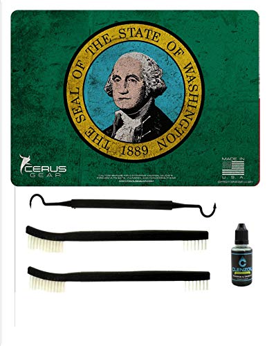 EDOG Washington State Flag 5 PC Cerus Gear Heavy Duty Pistol Cleaning 12x17 Padded Gun-Work Surface Protector Mat Solvent & Oil Resistant & 3 PC Cleaning Essentials & Clenzoil, Made in The USA