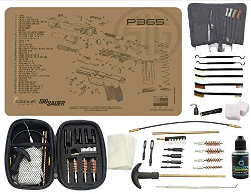 EDOG Premier 30 Pc Gun Cleaning System - Compatible with Sig Sauer P365 Tan Flat Dark Earth - Schematic (Exploded View) Mat, Range Warrior Universal .22 9mm - .45 Kit & Tac Book Accessories Set