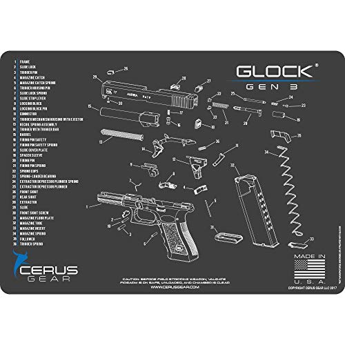 Glock Gen 3 Cerus Gear Schematic (Exploded View) Heavy Duty Pistol Cleaning 12x17 Padded Gun-Work Surface Protector Mat Solvent & Oil Resistant & Bonus 4 PC Cleaning Essentials with Clenzoil