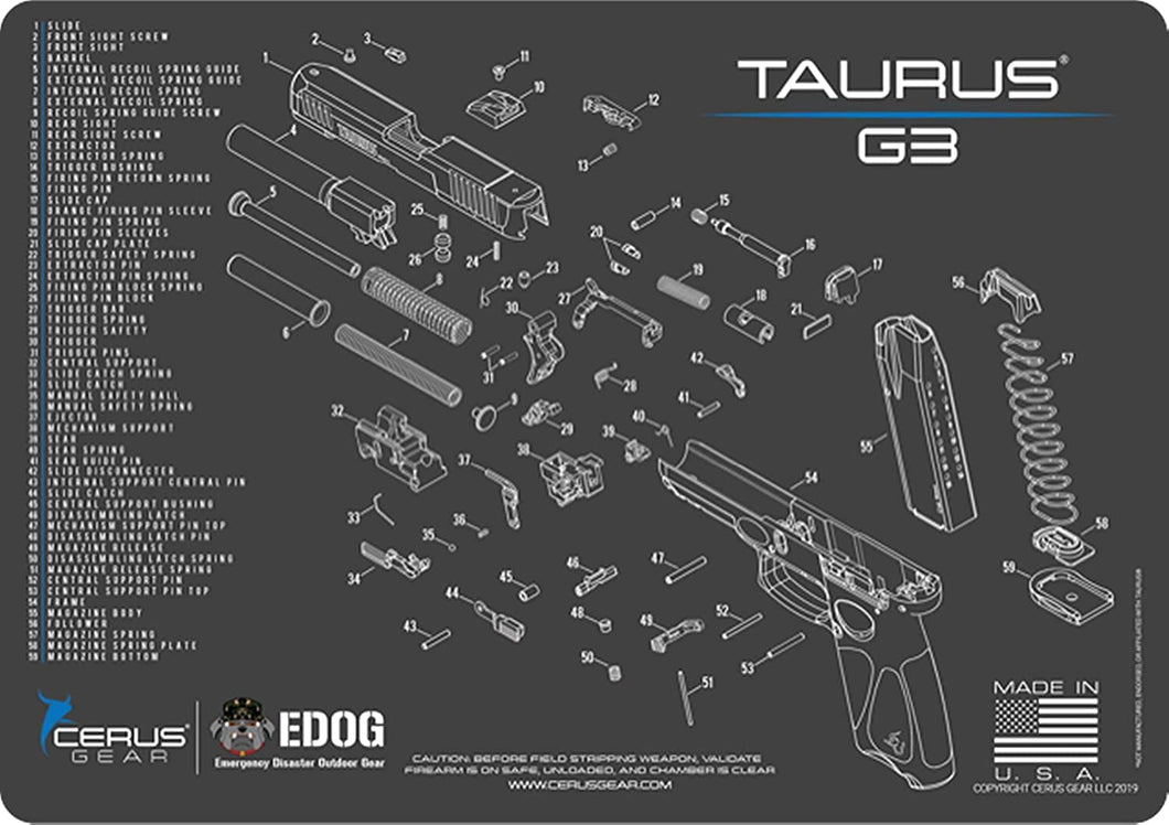 Taurus G3 Gun Cleaning Mat - Schematic (Exploded View) Diagram Compatible with Taurus G 3 Series Pistol 3 mm Padded Pad Protects Your Firearm Magazines Bench Table Surfaces Oil Solvent Resistant