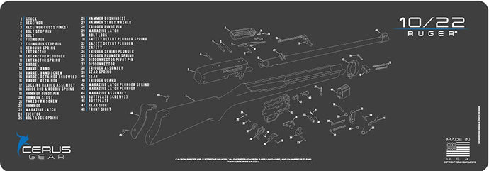 RUGER World Famous 10/22 Rifel Schematic (Exploded View) Heavy Duty Rifle Cleaning 12”x36” Padded Gun-Work Surface Protector Mat Solvent & Oil Resistant