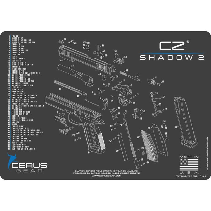 CZ Shadow 2XCerus Gear Schematic (Exploded View) Heavy Duty Pistol Cleaning 12x17 Padded Gun-Work Surface Protector Mat Solvent & Oil Resistant
