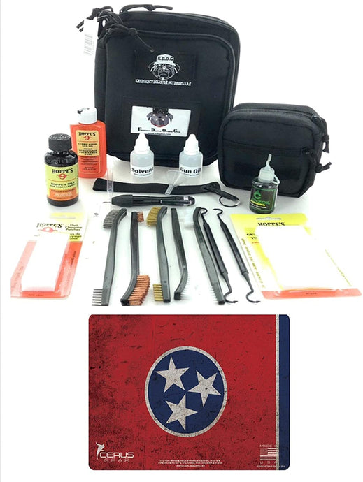 RangeMaster Elite EDC Bag Gun Cleaning Kit- Tenesse State Flag Honor & Pride Pistol Mat & with Hoppes Gun Oil No.9 Solvent & Patches Clenzoil CLP 10 Pc Cleaning Accessories Set