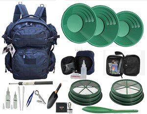 VAS 49'er Black Weekender Gold Panning 22 pc Back Pack Kit | Back Pack | 3 Green Gold Pans | 2 Classifiers 1/2" & 1/8" | 49'er Bag & Accessories