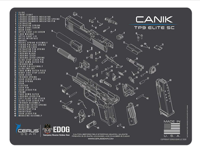 Canik TP 9 Elite SC Gun Cleaning Mat - Schematic (Exploded View) Diagram Compatible with Canik TP9 Elite SC Pistol 3 mm Padded Pad Protect Your Firearm Magazines Bench Table Top Oil Solvent Resistant