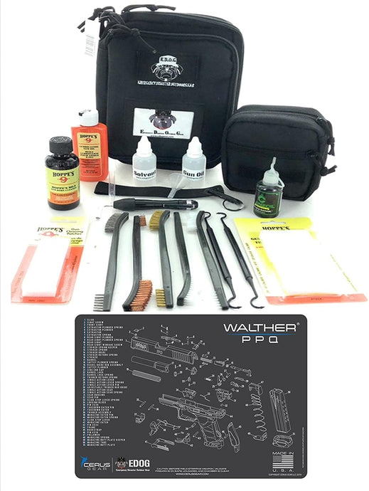 RangeMaster Elite EDC Bag Gun Cleaning Kit- Compatible for Walther PPQ - Schematic Mat (Exploded View) with Hoppes Gun Oil No.9 Solvent & Patches Clenzoil CLP 10 Pc Cleaning Accessories Set