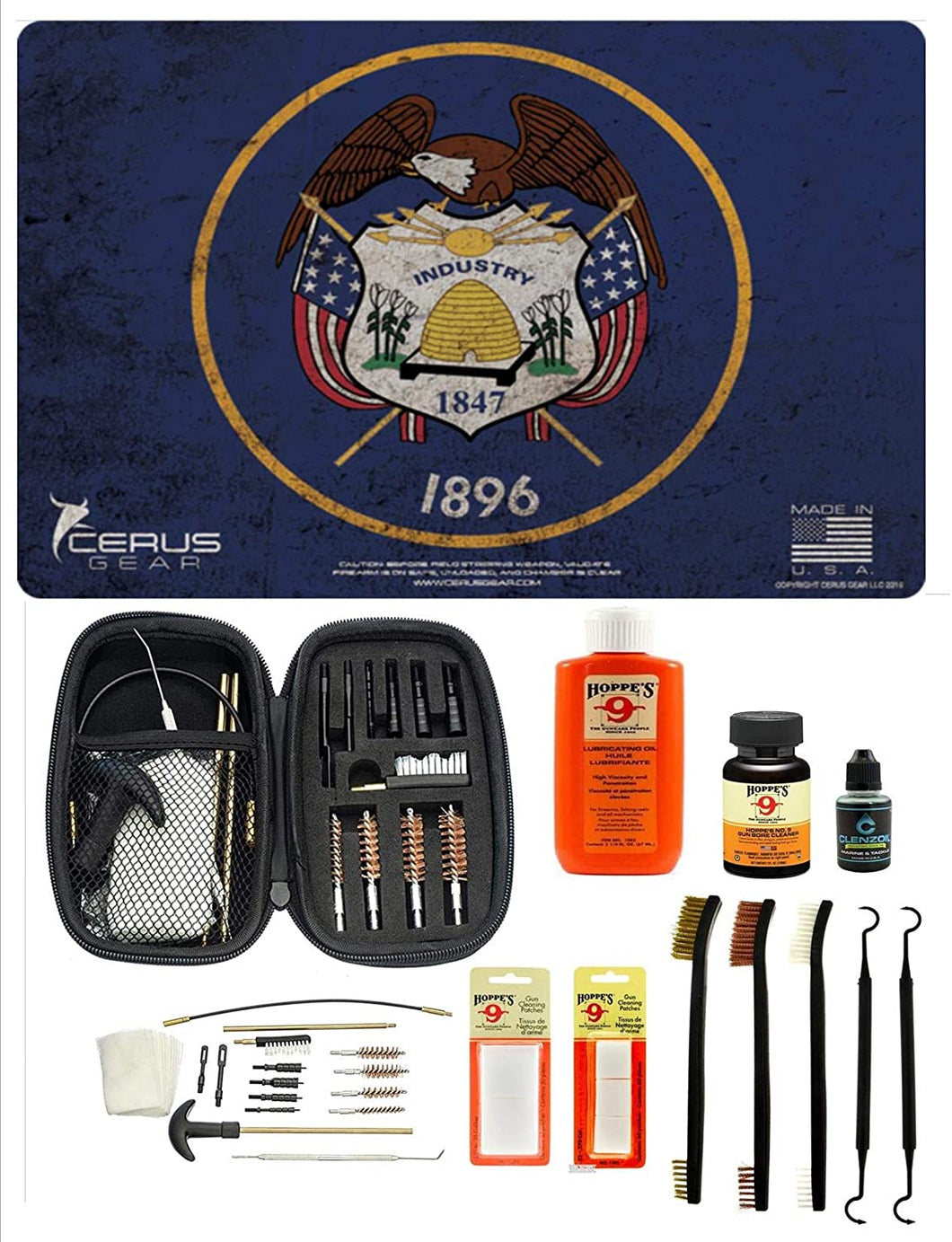 Range Warrior 27 Pc Gun Cleaning Kit - Utah State Flag Handgun Pistol Mat  .22 .38 .357 9MM .45 Gun Cleaning Kit