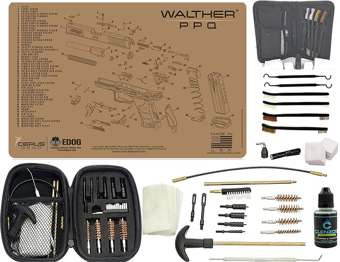 EDOG Premier 30 Pc Gun Cleaning System - Compatible with Walther PPQ - Tan - Schematic (Exploded View) Mat, Range Warrior Universal .22 9mm - .45 Kit & Tac Book Accessories Set