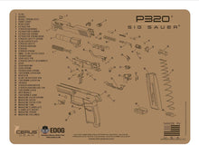 Load image into Gallery viewer, Sig P320 Gun Cleaning Mat - Tan Schematic (Exploded View) Diagram Compatible with Sig Sauer P320 TAN Series Pistol 3 mm Padded Pad Protect Your Firearm Magazines Bench Surfaces Gun Oil Resistant