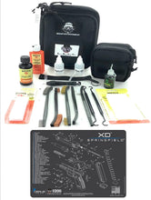 Load image into Gallery viewer, RangeMaster Elite EDC Bag Gun Cleaning Kit- Compatible for Springfield Armory XD - Schematic Mat (Exploded View) with Hoppes Gun Oil No.9 Solvent &amp; Patches Clenzoil CLP 10 Pc Cleaning Accessories Set