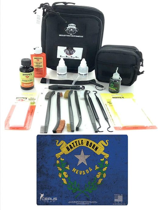 RangeMaster Elite EDC Bag Gun Cleaning Kit- Nevada State Flag Honor & Pride Pistol Mat &with Hoppes Gun Oil No.9 Solvent & Patches Clenzoil CLP 10 Pc Cleaning Accessories Set