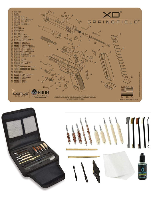 EDOG Gunslinger 20 PC Gun Cleaning Kit - Pistol Mat Compatible with Springfield Arnory XD - Tan - Schematic (Exploded View) Mat, Gunslinger Universal .22 .38 .357 9mm .40 & .45 Caliber Kit