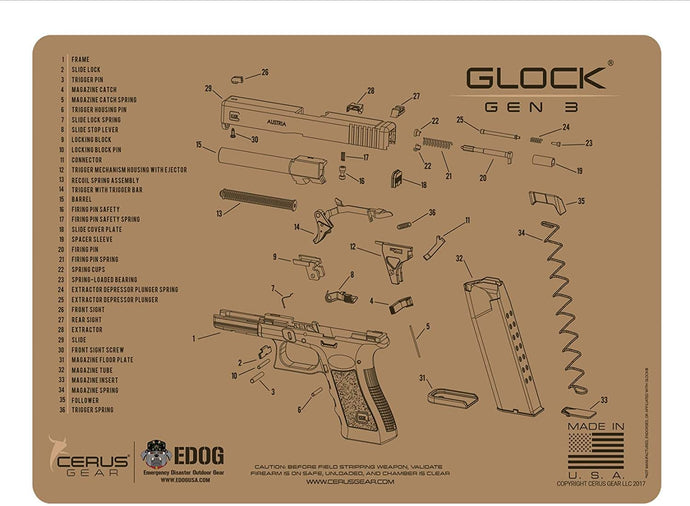 Gen 3 Tan Schematic (Exploded View) Heavy Duty Pistol Cleaning 12x17 Padded Gun-Work Surface Protector Mat Solvent & Oil Resistant