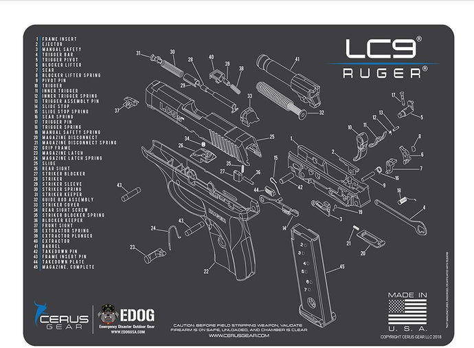 RUGER LC9 Cerus Gear Schematic (Exploded View) Heavy Duty Pistol Cleaning 12x17 Padded Gun-Work Surface Protector Mat Solvent & Oil Resistant