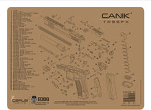 Load image into Gallery viewer, Canik TP9 Gun Cleaning Mat - Tan Schematic (Exploded View) Diagram Compatible with Canik TP9 Tan Series Pistol 3 mm Padded Pad Protect Your Firearm Magazines Bench Surfaces Gun Oil Solvent Resistant