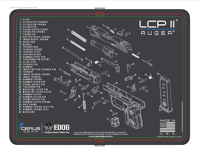 RUGER LCP II Cerus Gear Schematic (Exploded View) Heavy Duty Pistol Cleaning 12x17 Padded Gun-Work Surface Protector Mat Solvent & Oil Resistant