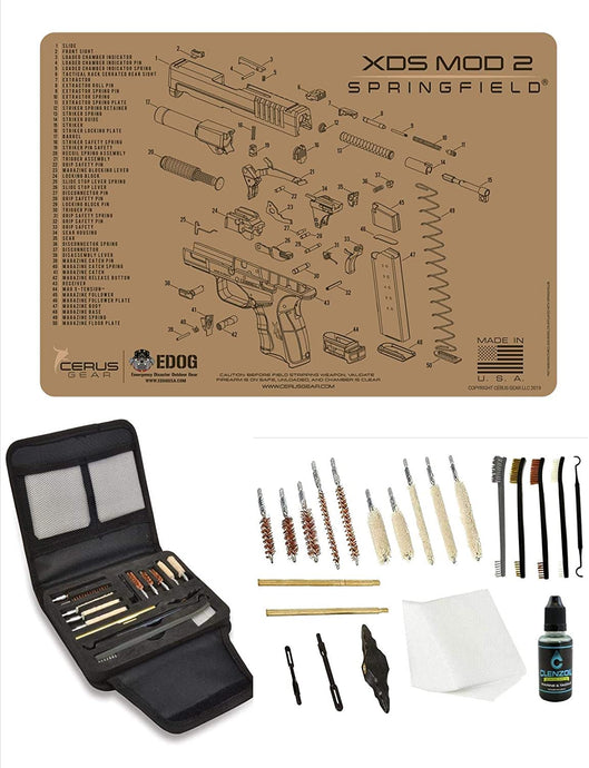 EDOG Gunslinger 20 PC Gun Cleaning Kit - Pistol Mat Compatible with Springfield Armory XDs Mod2 Tan - Schematic (Exploded View) Mat, Gunslinger Universal .22 .38 .357 9mm .40 & .45 Caliber Kit