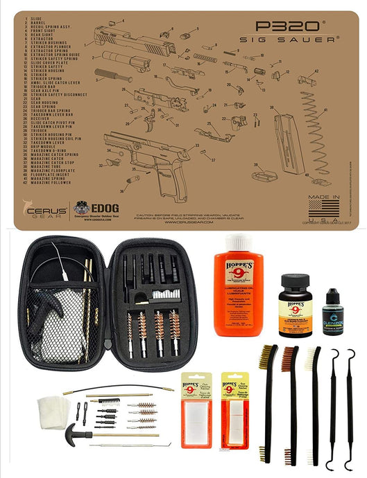 Range Warrior 27 Pc Gun Cleaning Kit - Compatible with Sig Sauer P320 Tan - Schematic (Exploded View) Mat .22 9mm - .45 Kit