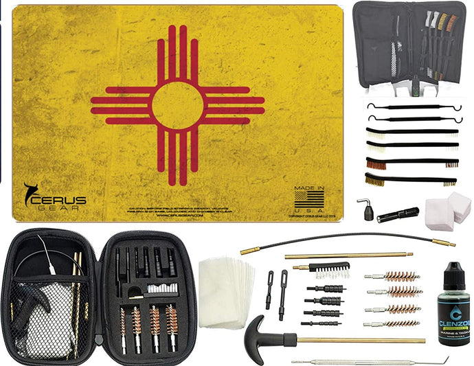 EDOG Premier 30 Pc Gun Cleaning System - New Mexico State Flag Handgun Honor & Pride Pistol Mat & Range Warrior .22 .38 .357 9MM .45 Gun Cleaning Kit & 12 PC Tac Book Cleaning Essentials Kit