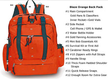 Load image into Gallery viewer, VAS 49&#39;er Blaze Orange Weekender Gold Panning 22 pc Back Pack Kit | Back Pack | 3 Green Gold Pans | 2 Classifiers 1/2&quot; &amp; 1/8&quot; | 49&#39;er Bag &amp; Accessories