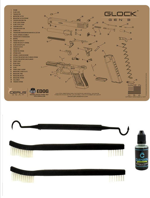 EDOG Gen 3 Tan Flat Dark Earth 5 PC Schematic (Exploded View) Heavy Duty Pistol Cleaning 12x17 Padded Gun-Work Surface Protector Mat Solvent & Oil Resistant & 3 PC Cleaning Essentials & Clenzoil