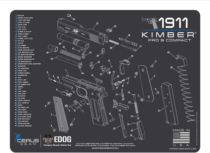 Kimber 1911 PRO & Compact Cerus Gear Schematic Exploded View Heavy Duty Pistol Cleaning 12x17 Padded Gun-Work Surface Protector Mat Solvent Oil Resistant
