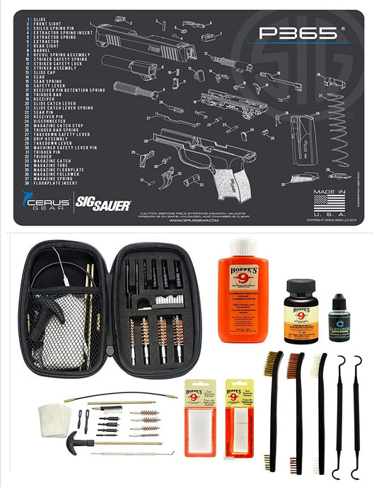 Range Warrior 27 Pc Gun Cleaning Kit - Compatible with Sig Sauer P365 Pistol - Schematic (Exploded View) Mat .22 9mm - .45 Kit