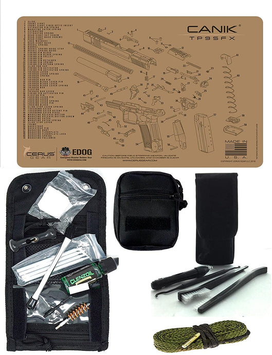 EDOG USA Pistolero 14 Pc 9MM.38 & .357 Pc Gun Cleaning Kit - Compatible for Canik TP9 - Tan - Schematic (Exploded View) Mat, Pistolero Caliber Specific 9 MM, 38 & 357