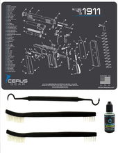Load image into Gallery viewer, EDOG 1911 5 PC Cerus Gear Schematic (Exploded View) Heav Duty Pistol Cleaning 12x17 Padded Gun-Work Surface Protector Mat Solvent &amp; Oil Resistant &amp; 3 PC Cleaning Essentials &amp; Clenzoil