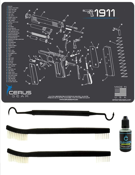 EDOG 1911 5 PC Cerus Gear Schematic (Exploded View) Heav Duty Pistol Cleaning 12x17 Padded Gun-Work Surface Protector Mat Solvent & Oil Resistant & 3 PC Cleaning Essentials & Clenzoil