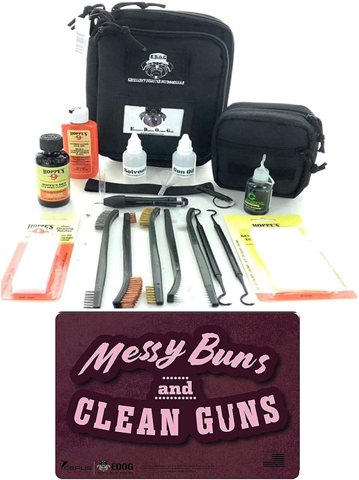 RangeMaster Elite EDC Bag Gun Cleaning Kit- Ladies Messy Buns Lifestyle Pistol Mat Mat, with Hoppes Gun Oil No.9 Solvent & Patches Clenzoil CLP 10 Pc Cleaning Accessories Set