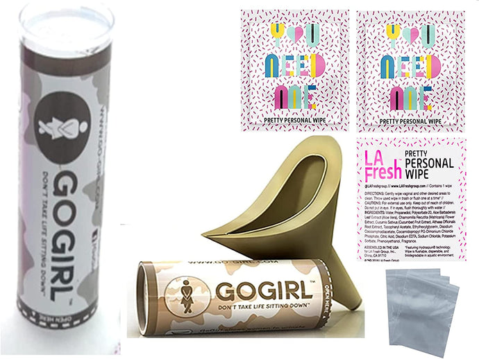 GoGirl Female Urination Device, Khaki & 6 Pc Feminine Personal Care Essentials Pack 3 LA Fresh Feminine Natural Wipes & 3 Extra Zip Baggies