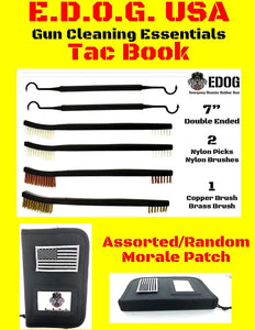 EDOG Tac Book Basic 16 Pc Gun Cleaning Kit Essentials & Accessories Set Universal for All Handguns .22 .38 .357 9mm .40 .45 Cal Hoppes No.9 Patches, Clenzoil CLP, Cleaner Brushes, Picks & Bore Light